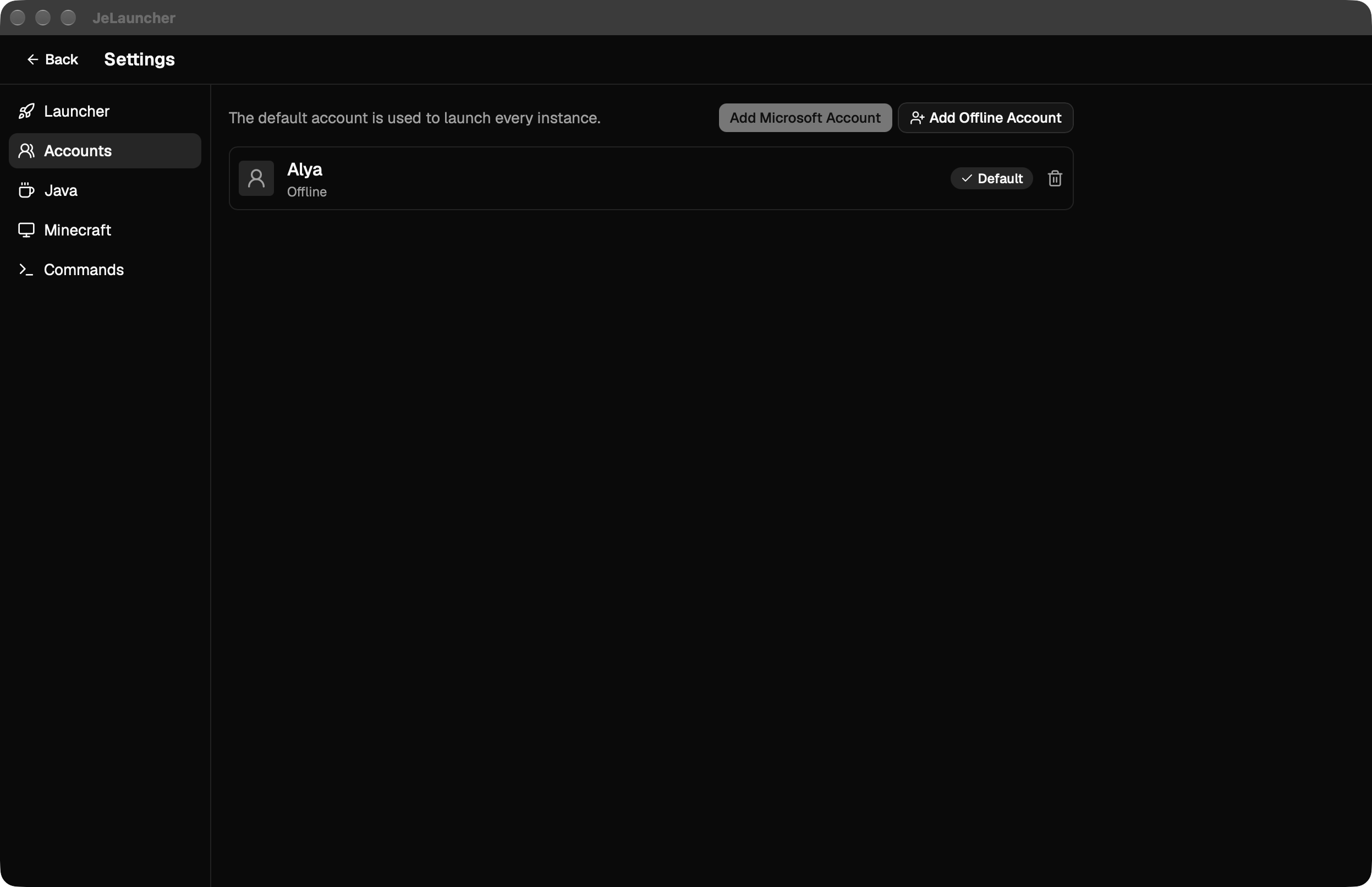 JeLauncher account settings